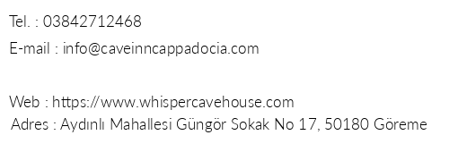 Whisper Cave Guest House telefon numaralar, faks, e-mail, posta adresi ve iletiim bilgileri